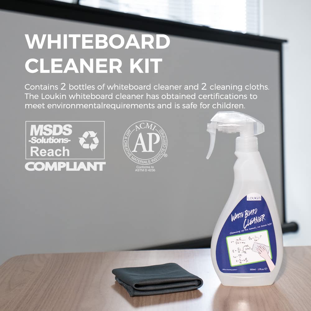 LOUKIN Non-Toxic Whiteboard Cleaner, 17oz Dry Erase Board Cleaner, Low-Odor Whiteboard Cleaning Spray with Cloths, Removes Stubborn Marks from Whiteboards, Chalkboard (2-Pack)
