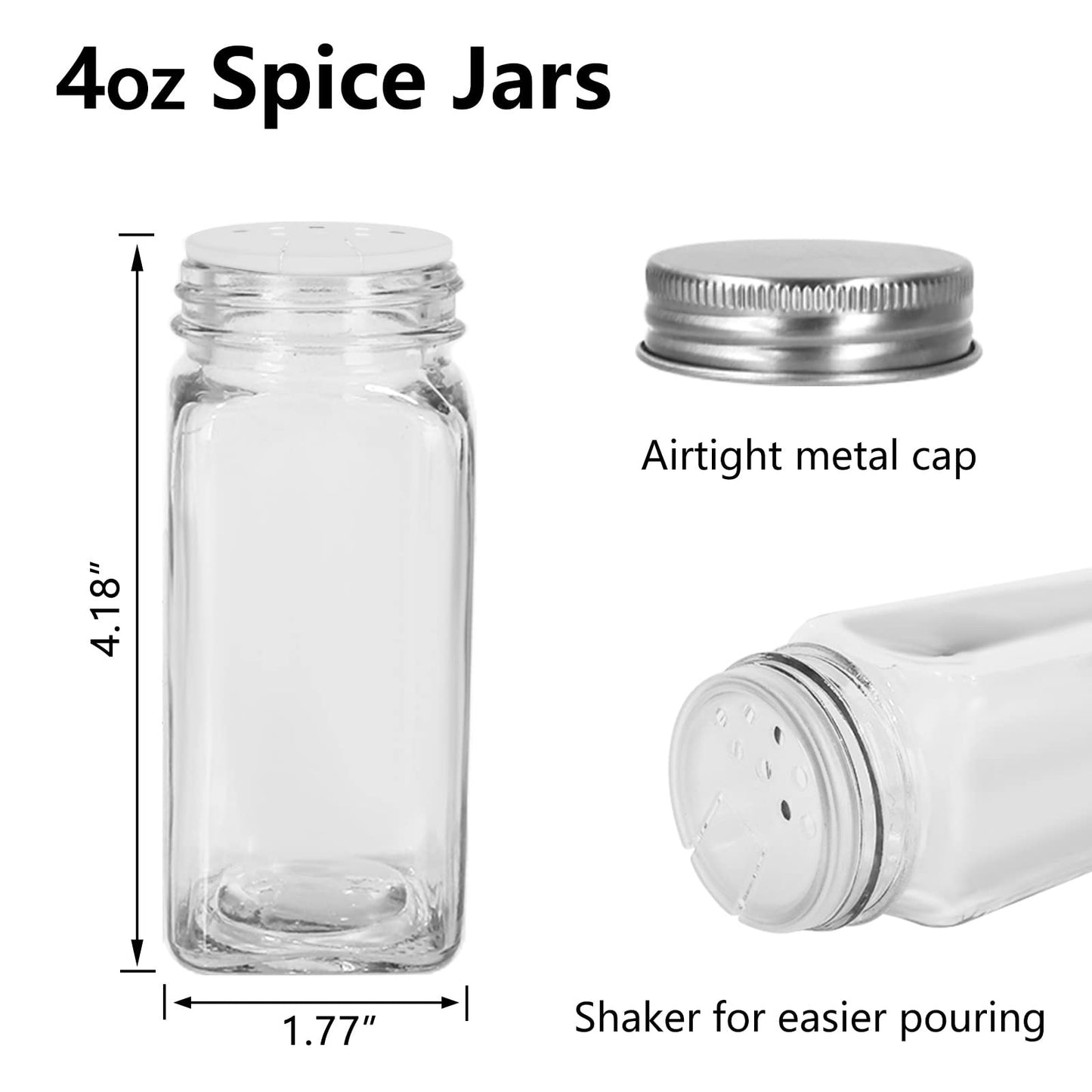 48 Pack 4oz Glass Spice Jars,Clear Square Spice Containers Bottles with Silver Caps and Shaker Lids,80pcs Black Labels,1 Funnel and 2 Brush for Kitchen Storage