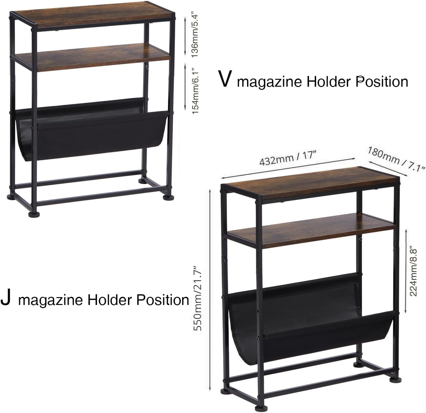 ZEXVIDA Narrow End Table for Small Spaces - Slim Side Table with Magazine Holder,2 in 1 Design Narrow End Table Living Room,Skinny Bedroom Nightstand Thin Side Magazine Table (Rustic Brown)