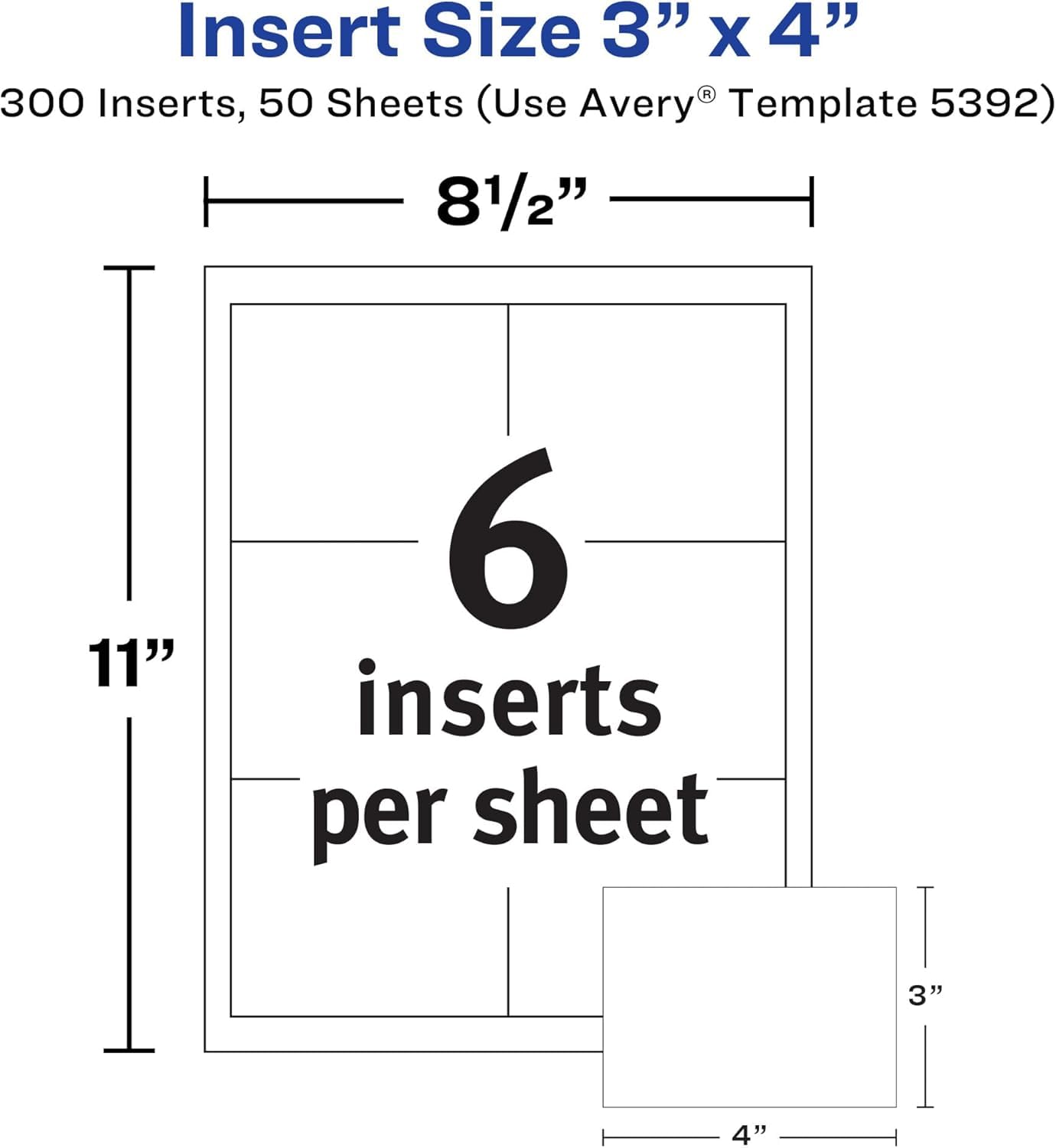 Avery Name Badge Inserts, 3" x 4", Print or Write, for Laser/Inkjet Printers, 300 Name Badge Insets, White (5392)