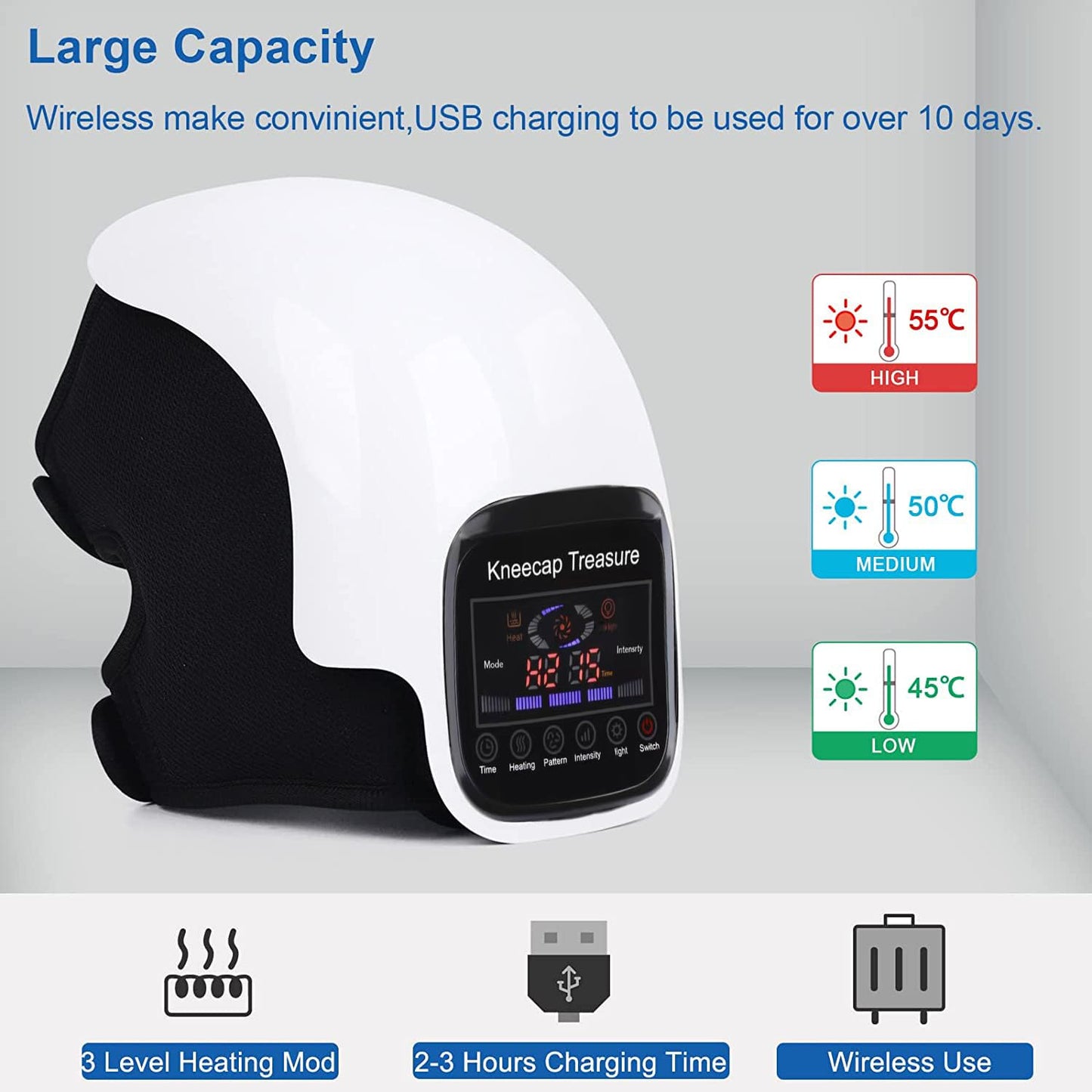 ADKJOY DTOKO Cordless Knee Massager with Heat Vibration, Heated Knee Massager, Portable Rechargeable Electronic Knee Massage with Large Screen, Adjustable Temperature,Massager Gifts For Family-White