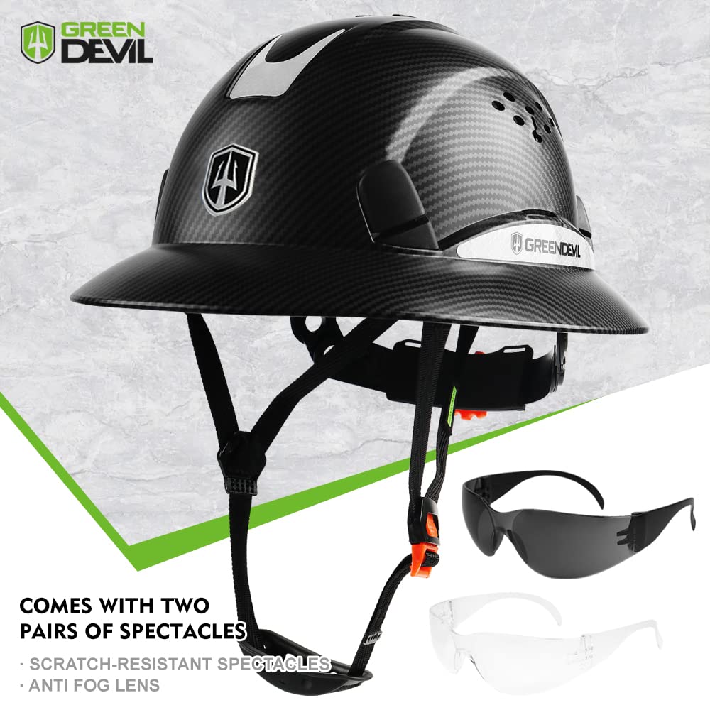 GREEN DEVIL Full Brim Hard Hat Vented Construction Helmet Cascos De Construccion ABS Work Hardhat for Men&Women 6 Point Adjustable Ratchet Suspension Custom Pattern Design