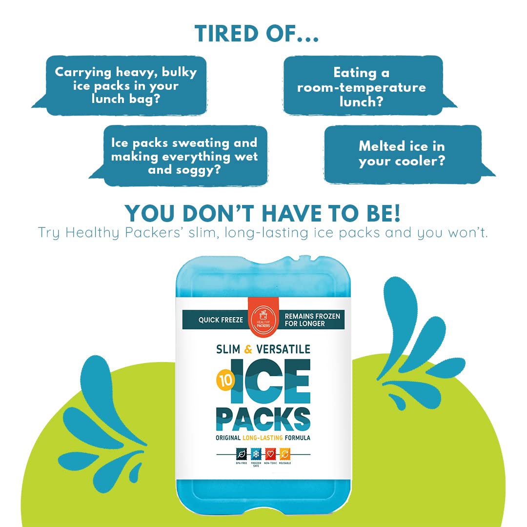 Ice Packs for Lunch Bags - Original Cool Pack | Slim & Long-Lasting Reusable Ice Pack for Lunch Box, Lunch Bag and Cooler | Freezer Packs for Coolers (Set of 10)