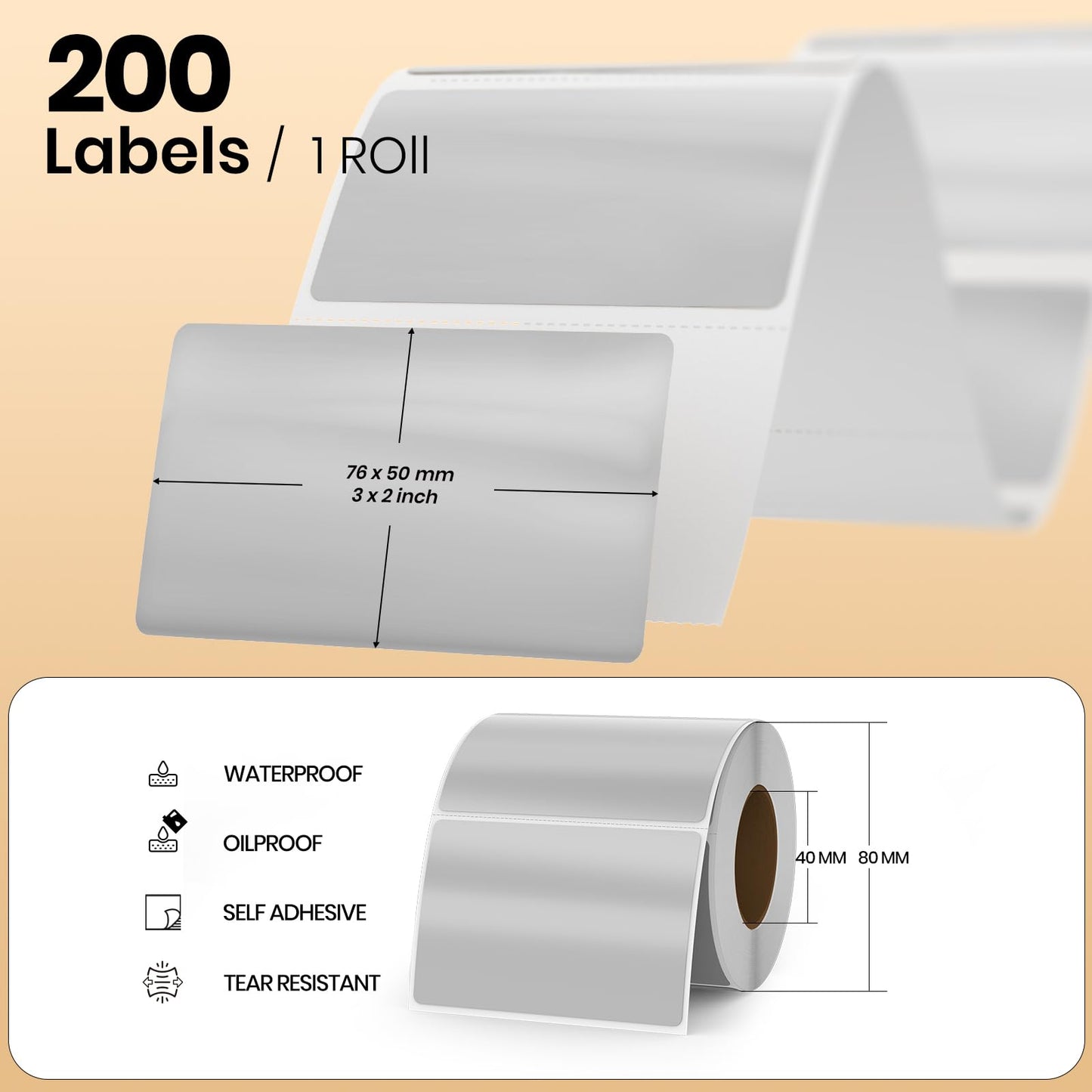 YIKIADA Silver Direct Thermal Labels Vinyl 3 X 2 Inch Self-Adhesive Rectangular Stickers Roll Waterproof Printable Decals for QR Code DIY Name Tag 200 PCS