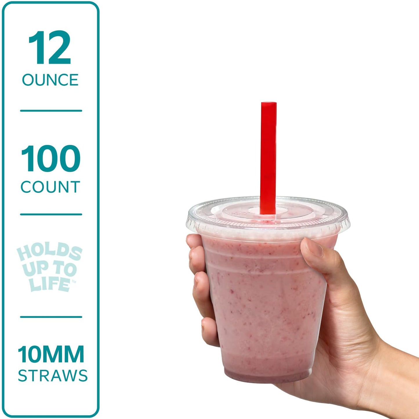 Gusto [12 oz. - 100 Count] Clear Cups with Flat Lids & Straws - Disposable Clear Drinking Cups for Iced Coffee, Cold Drinks, Milkshakes, and Smoothies - Formerly Comfy Package