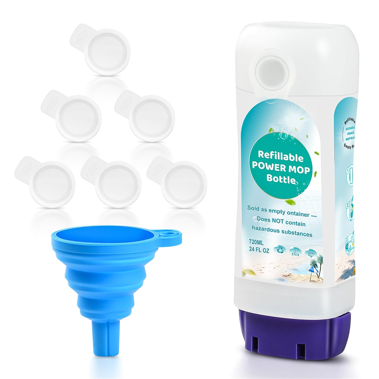 Refillable Bottle for Swiffer Power Mop - 720 ML/24 FL OZ - Leak-Proof HDPE Material Solution Bottle, 1 Empty Bottle + 6 Silicone Pads + 1 Foldable Funnel