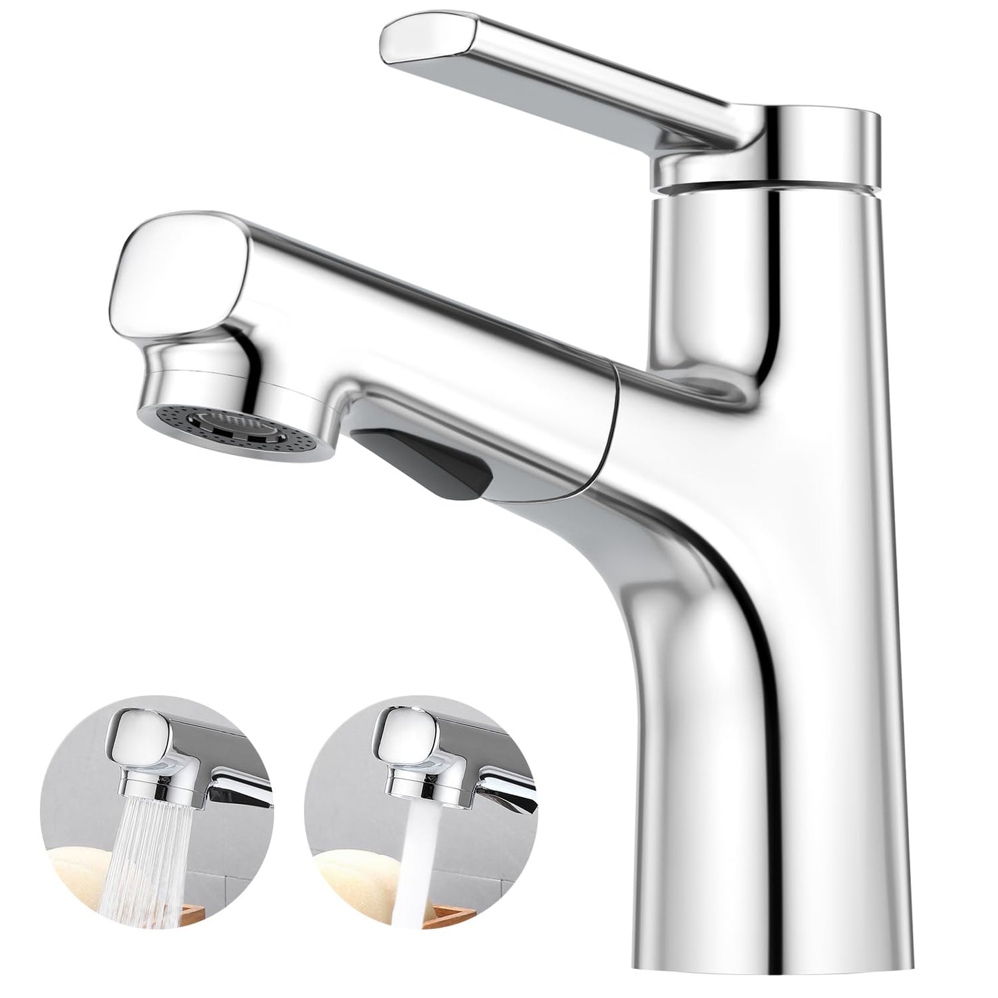 Faustina Polished Chrome Bathroom Faucet 1 Hole, Single Handle Bathroom Faucet with Pull Out Sprayer, Brass Modern Chrome Washbasin Sink Faucet RV, Washing Room Faucet Single Hole