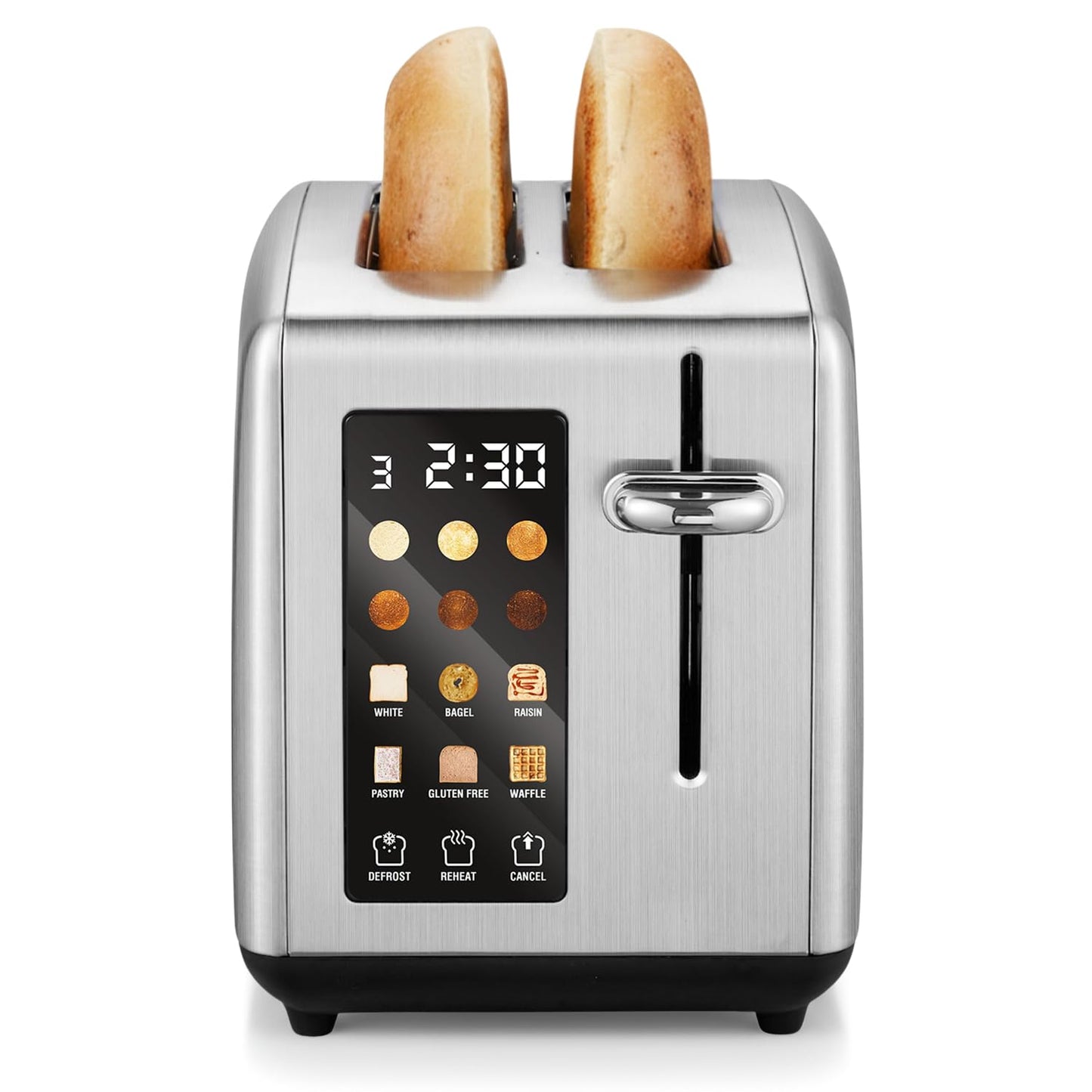 Elite Gourmet 2-Slice Toaster with Digital Countdown, Extra-Wide Slots for Bagels & Thick Bread, One-Touch Presets, Stainless Steel, Defrost/Reheat/Cancel