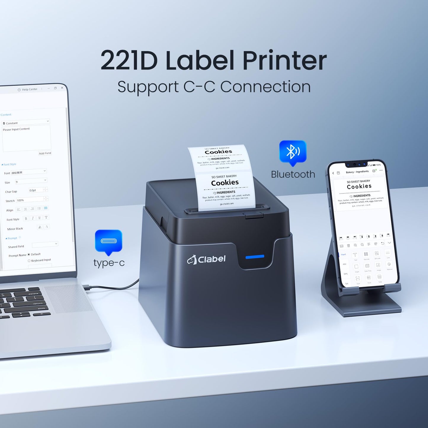 CLABEL 221D Label Maker Machine with Tape, 2 Inch Thermal Label Printer, Desktop Bluetooth Sticker Maker Machine Barcode Labeler Compatible with Phone & PC for Small Business Retail Office