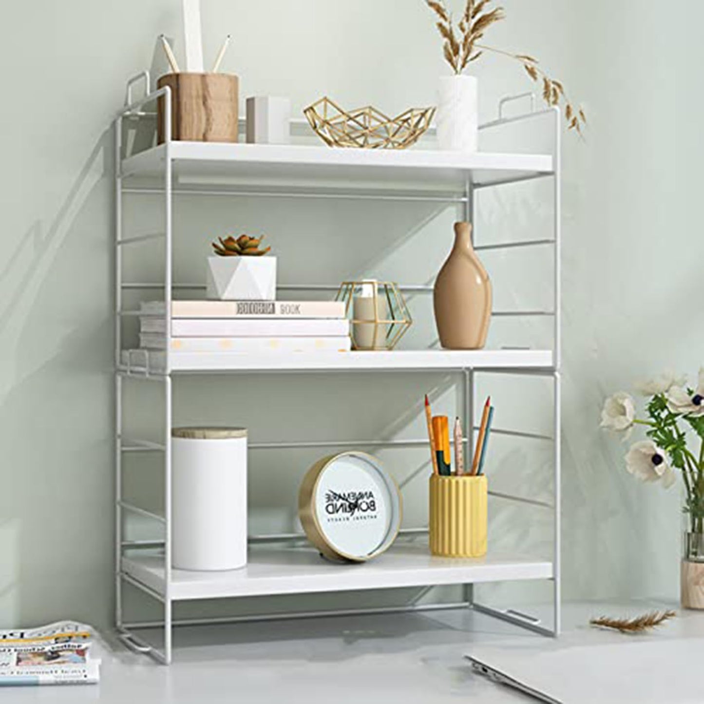 Desktop Organizer Shelf, 3 Tiers Desktop Bookshelf, Adjustable Desk Display Shelf, Small Bookshelf for Desktop Storage, Countertop Bookcase for Office Supplies, Home Decor and Kitchen (White)