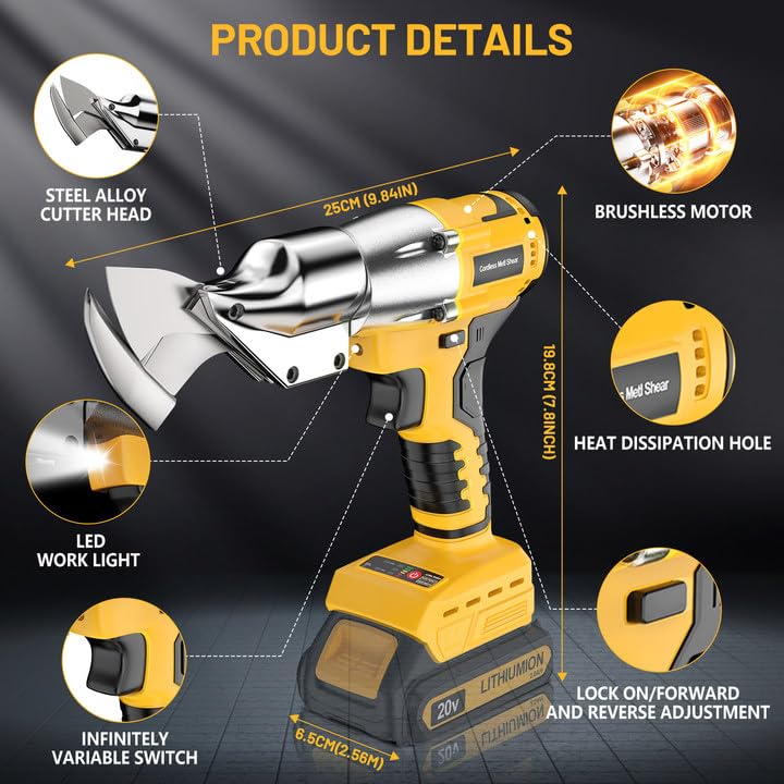 Cordless Sheet Cutter for DE-Walt 20V Max Battery, Electric Metal Shears with 360° Pivoting Head, Maximum Torque 221 Ft-Lbs, Brushless Scissors for Stainless Steel, Metal, and Iron Cutting（Tool Only）
