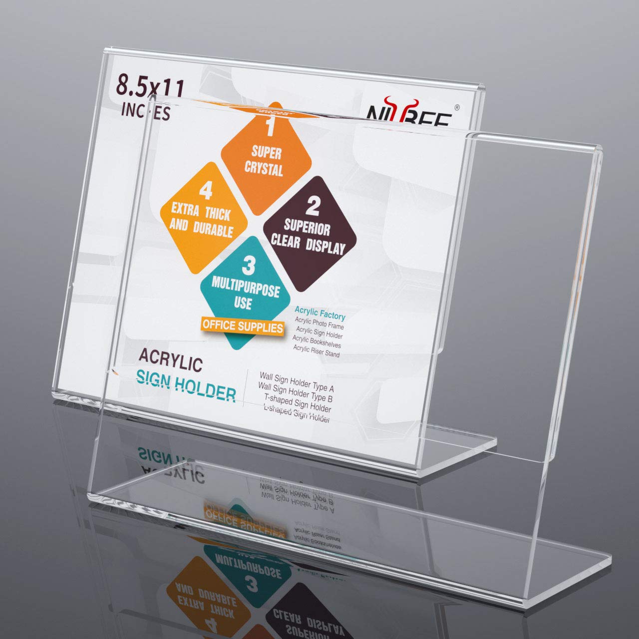 NIUBEE Acrylic Sign Holder 8.5x11 Inches 6 Pack Horizontal, Slant Back Clear Frames, Plastic Paper Flyer Display Holder, Document Menu Table Stand for Office, Store, Restaurant -Landscape