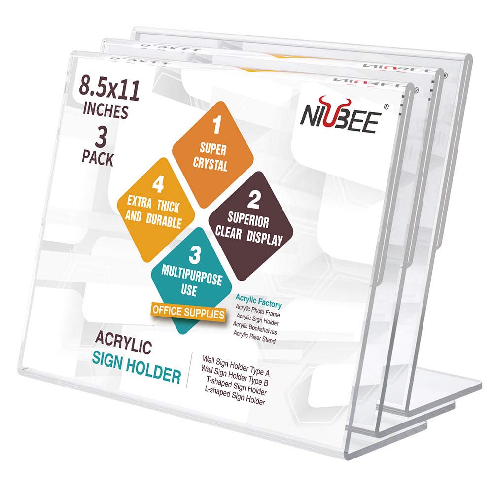 NIUBEE Acrylic Sign Holder 8.5x11 Inches 6 Pack Horizontal, Slant Back Clear Frames, Plastic Paper Flyer Display Holder, Document Menu Table Stand for Office, Store, Restaurant -Landscape