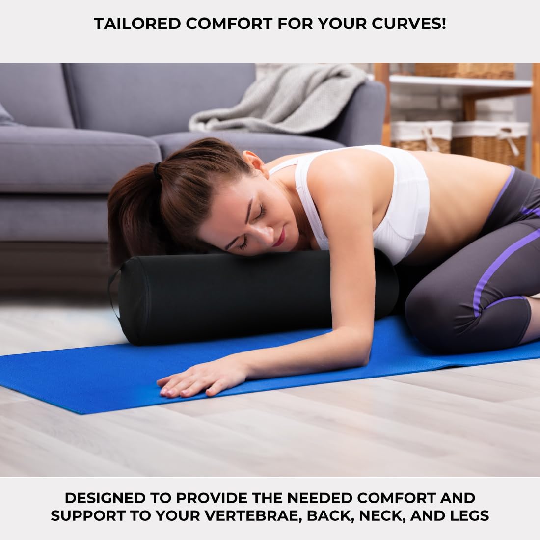 ForPro Full Round Bolster, Black, Oil and stain-resistant, for Massage and Yoga, 6” R x 26” L