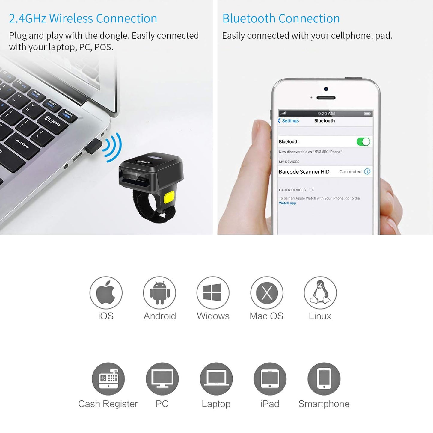 Portable Ring Bluetooth Barcode Scanner Wireless 2.4Ghz &USB Wired 3 in 1 Connection Windows.Mac OS.Android.Portable Wearable Mini Finger Bar Code scanners