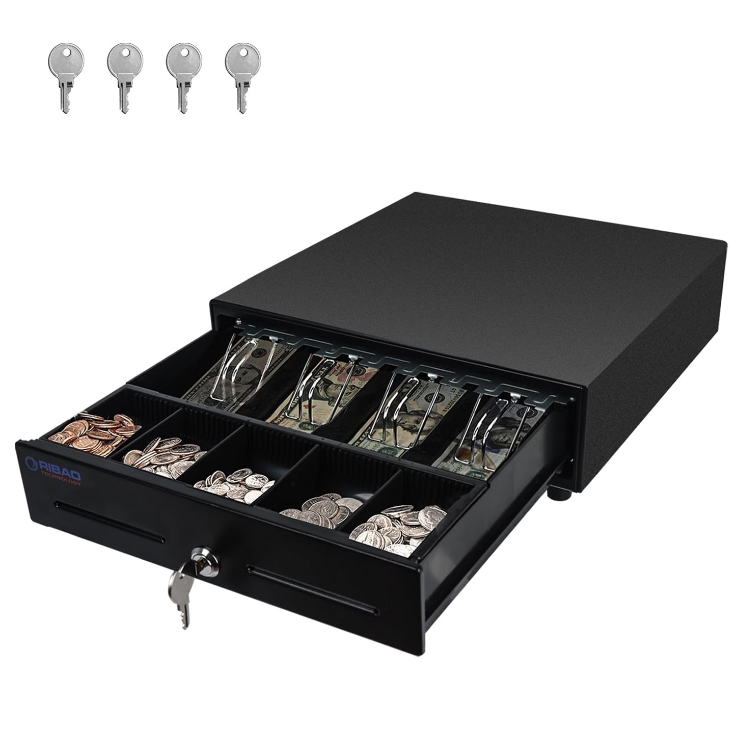 RIBAO 13'' Cash Registers Cash Drawer for Point of Sale(POS) System, 4 Bill 5 Coin with Adjustable Coin Slots, 24V, RJ11/RJ12 Interface 4 Key-Lock