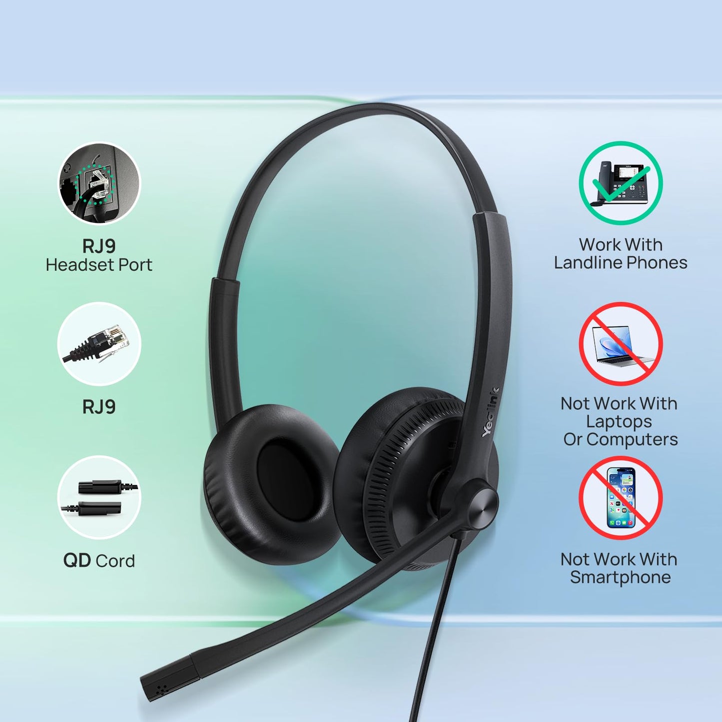 Yealink Phone Headsets for Office Phones YHS34 QD to RJ9 Wired Headset Compatible with Poly Avaya Snom Phones Desk Landline Headset with Microphone -Dual/72g/2.1m Cable