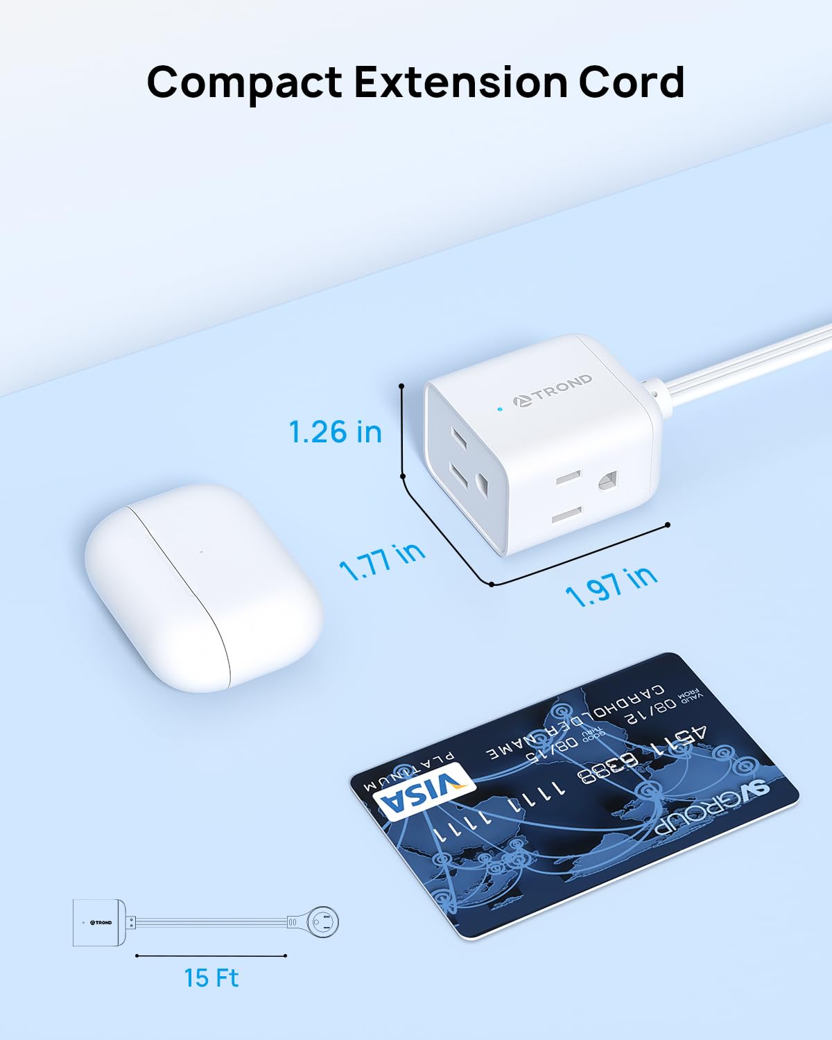 TROND 15ft Long Extension Cord Indoor, 360° Rotating Flat Plug Power Bar, 3 Way Outlets Extender, 13 Amps, 1625W, Small Flexible SPT 16/3 Cable Splitter for Hotel Cruise Ship Travel Essentials