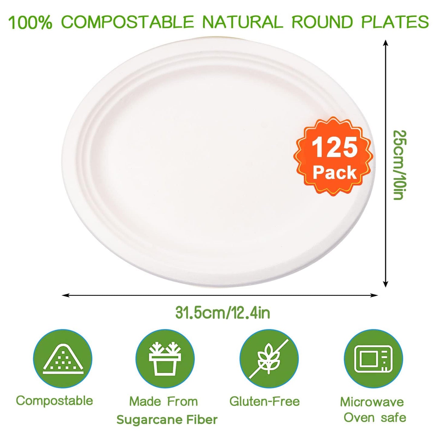 125 Pack 12 inch Disposable Paper Plates 100% Compostable Oval Paper Plates Bagasse Natural Biodegradable Eco-Friendly Sugarcane Plates for BBQ, Party, Gathering, and Picnic