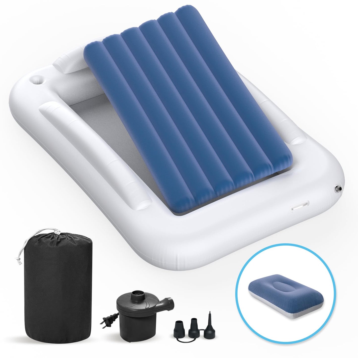 Deeteck Inflatable Toddler Travel Bed - 60 Inches Portable Toddler Bed for Travel with Safety Sides - Cozy Kids Air Mattress Set with High-Speed Pump & Carry Case - Lightweight & Easy to Inflate -Blue