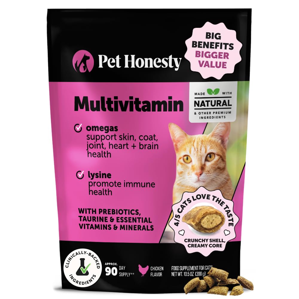 Cat Multivitamin Chews - Cat Treats for Health + Immune, Joint Support, Skin & Coat, and Digestion - Omega 3s, Lysine & Probiotics for Cats, Vitamins for Cats - Chicken (90-Day Supply)