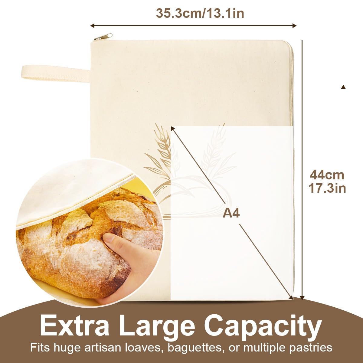 Beeswax Bread Bags for Sourdough & Homemade Bread,2 Pack XXL 17x13x1.2 Inch Reusable Organic Beeswax Linen Cotton Bread Storage with Wide Zipper Access to Keep Fresh,Sourdough Bags with Cleaning Brush