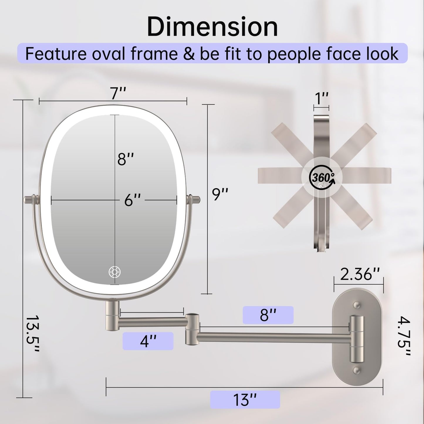 Rechargeable Wall Mounted Lighted Makeup Vanity Mirror, Double Sided 1X/7X Magnifying Mirror, 3 Color Lighting Option Dimmable, 360 Rotation Extension Foldable Arm, Oval Frame Shaving Light up Mirror