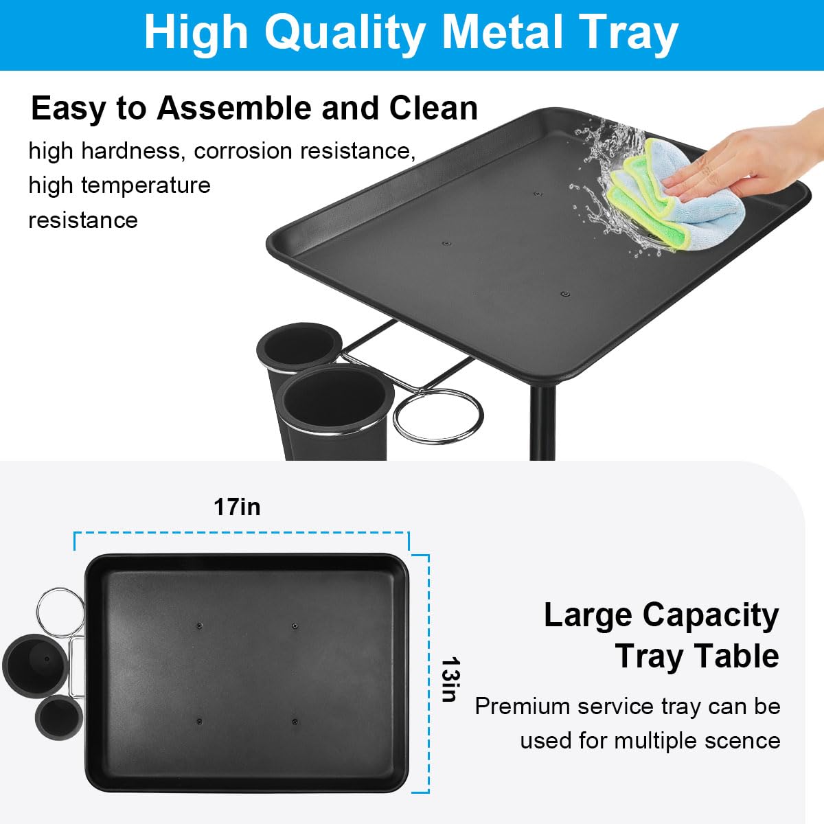 JOSTZHXIN Salon Rolling Tray, Tattoo Tray Rolling Cart, Height Adjustable Styling Tray, Service Storage Tray Trolley for Beauty Salon Clinic Spa,Black-with Cup Holder