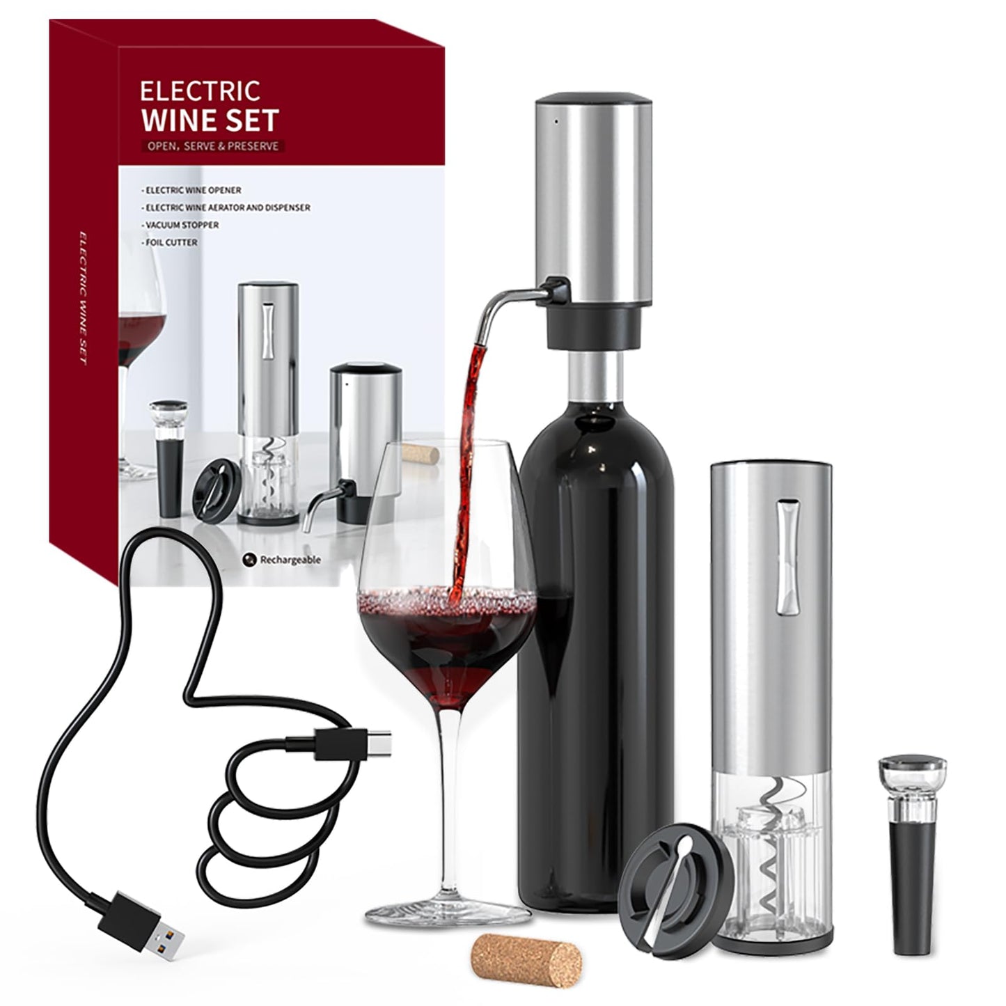 CIRCLE JOY Electric Bottle Opener Set, All in One Wine Accessories with Rechargeable Corkscrew, Wine Aerator, Foil Cutter and Vacuum Wine Stopper, Wine Opener Gift Kit for Wine Lovers