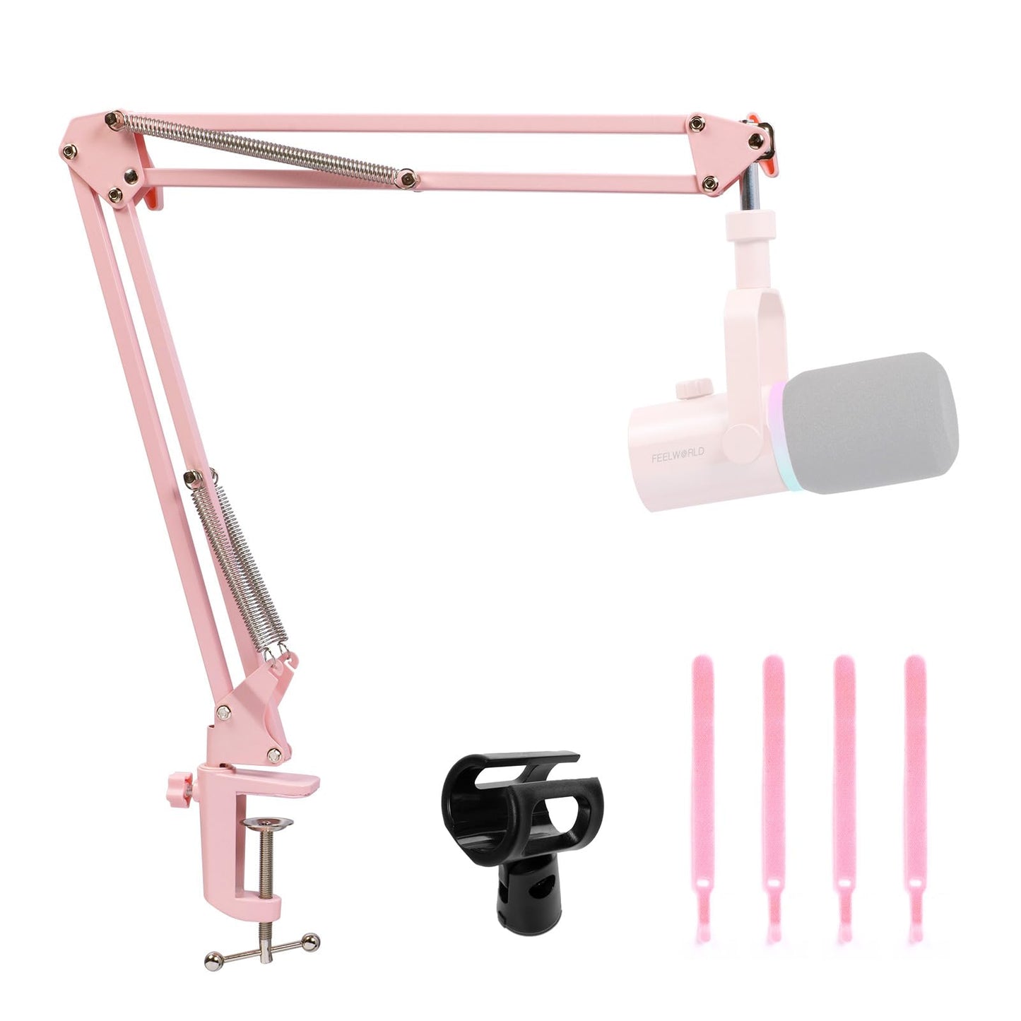 FEELWORLD AMS1 Microphone Boom Arm, Adjustable Mic Arm Stand with 3/8” to 5/8” Screw, Compatible with PM1 and other Mics for Podcast Straming Gaming Studio （Pink)