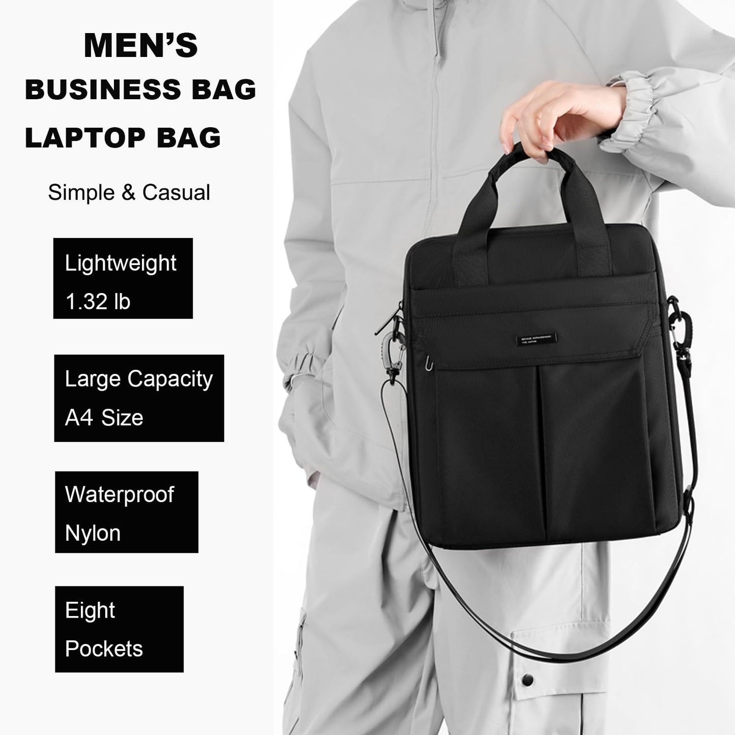 Laptop Bag 14 Inch Briefcase for Men Women Waterproof Nylon Lightweight Compact, Shoulder Messenger Handbag for Business Work Office Travel College Black