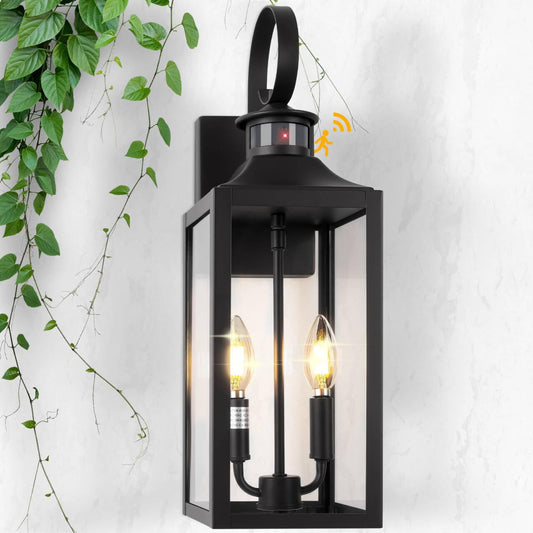 20" Black Motion Sensor Outdoor Light, Large Dusk to Dawn Outdoor Lighting Fixture, Farmhouse Wall Mounted Porch Lamp, Waterproof Sconce Light for Outside Patio, 3 Modes/2-Light/1-Pack
