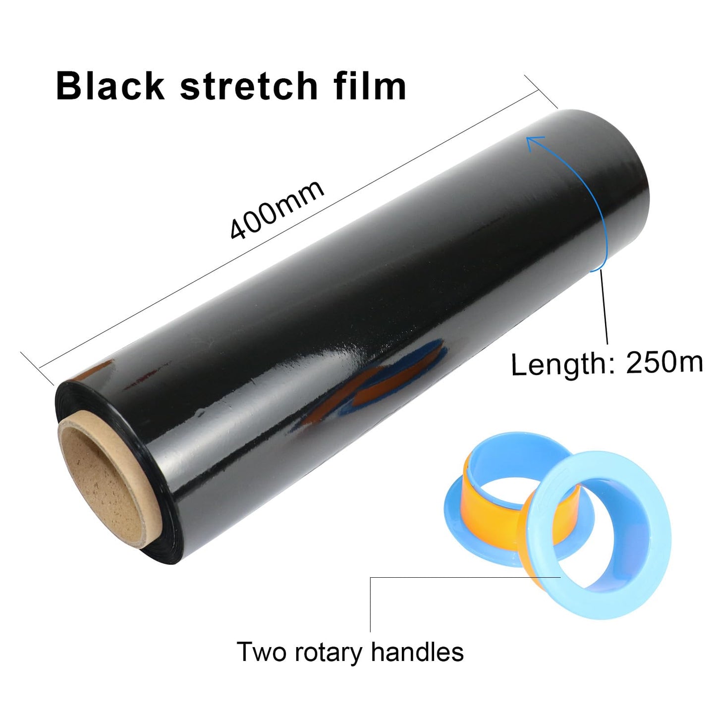 BOMEI PACK Black Stretch Wrap with Handle, Plastic Wrap 40cm x 250m, 2 Packs with Rotatable Sleeve