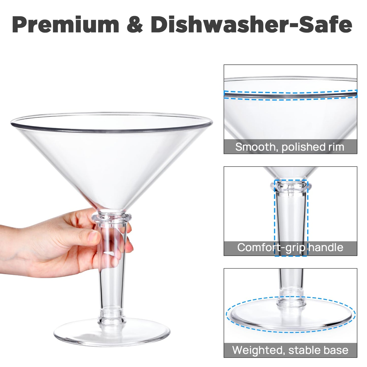 Unbreakable Giant Martini Glasses set of 4, 48 oz Plastic Cocktail Glasses, Jumbo, Reusable, BPA Free, Detachable, Perfect for Picnic, Beach & Patio Party, Appetizers, Birthday, Wedding and All Events