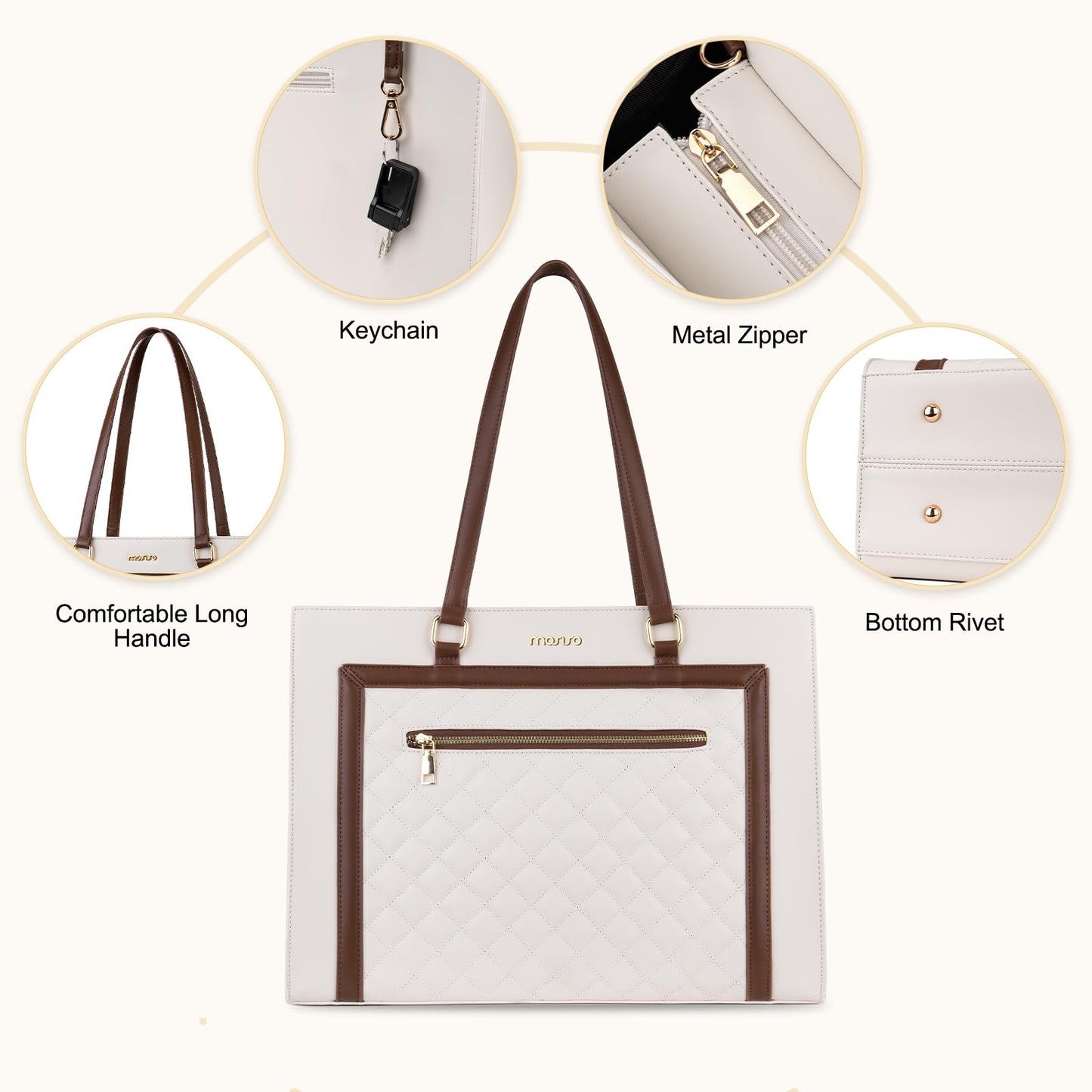 MOSISO Laptop Tote Bag for Women, 15.6 inch PU Leather Rhombus Quilted Tote Crossbody Handbag, Large Capacity Waterproof Briefcase Shoulder Computer Bag for Teacher College Work Business Office, Brown