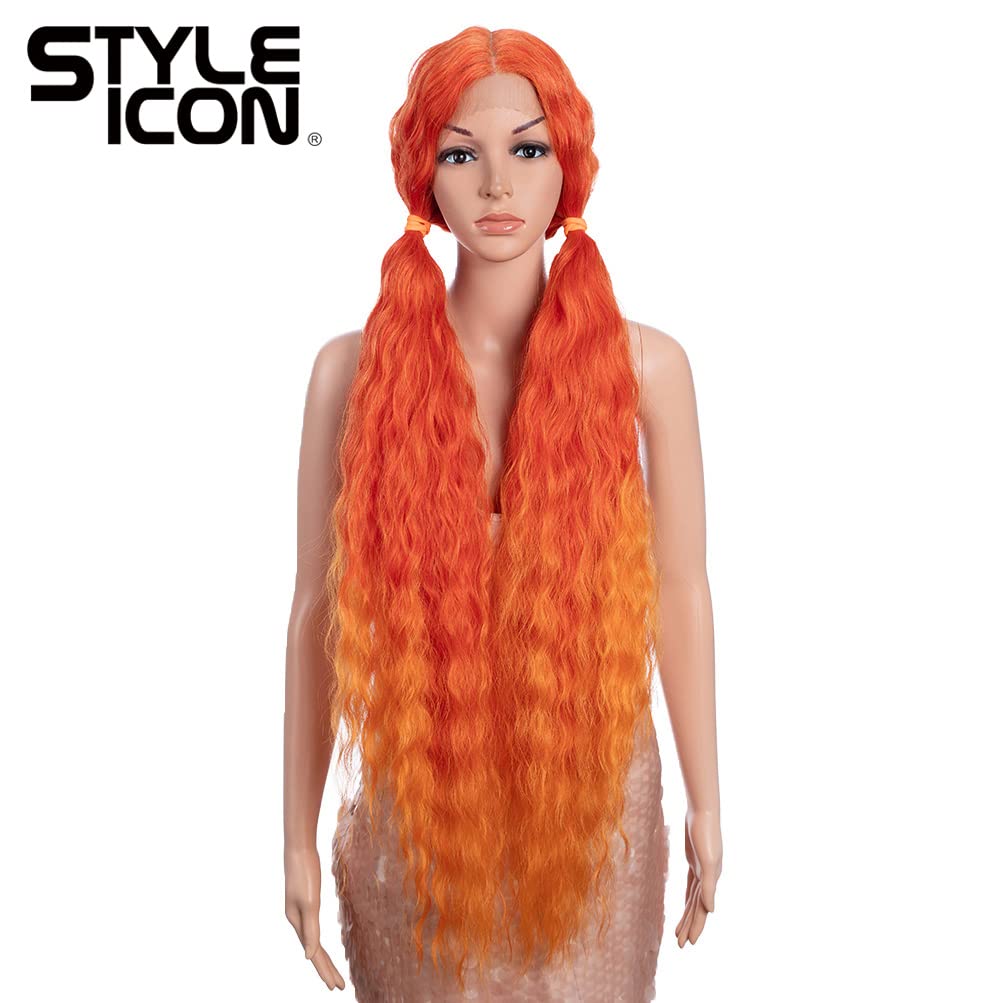 Style Icon 41" Lace Front Wigs Long Wavy Synthetic Wigs with Baby Hair Half Hand Tied 130% Density Wigs (41", T-RED/ORANGE)