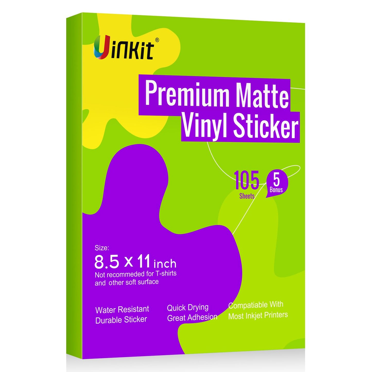 Uinkit Vinyl Sticker Paper for Inkjet Printer, 100 Sheets 5Sample Pack, 8.5x11 Inches, Matte White Self-Adhesive, Easy to Remove, for Cricut, Silhouette, Inkjet Printer