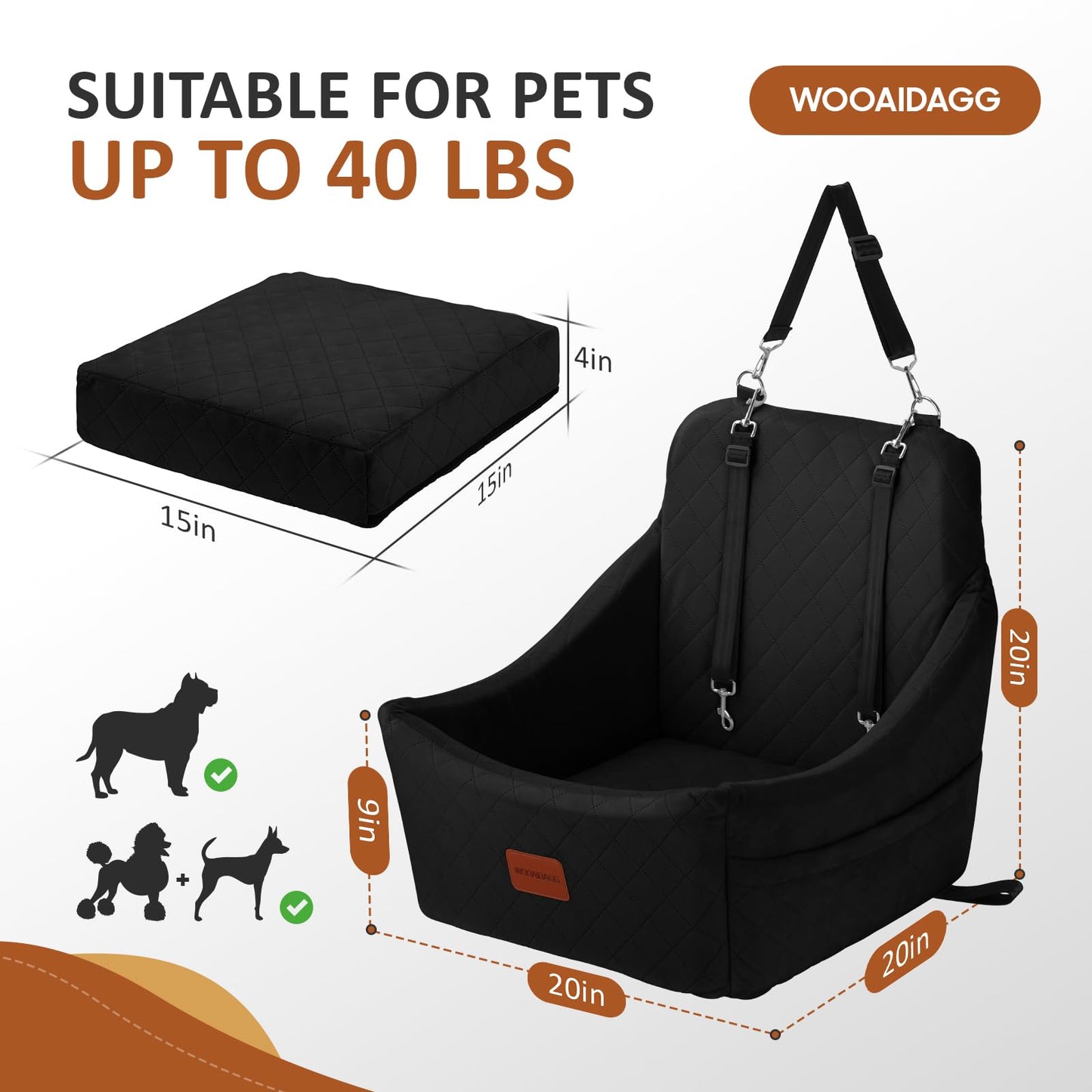 WOOAIDAGG Dog Car Seat for Medium Sized Dog,Pet Travel Car Bed with Seat Belt Channle,Fully Detachable and Washable Car Dog Seat with Adjustable Straps,3 Straps Easy to Install (Black, Medium)