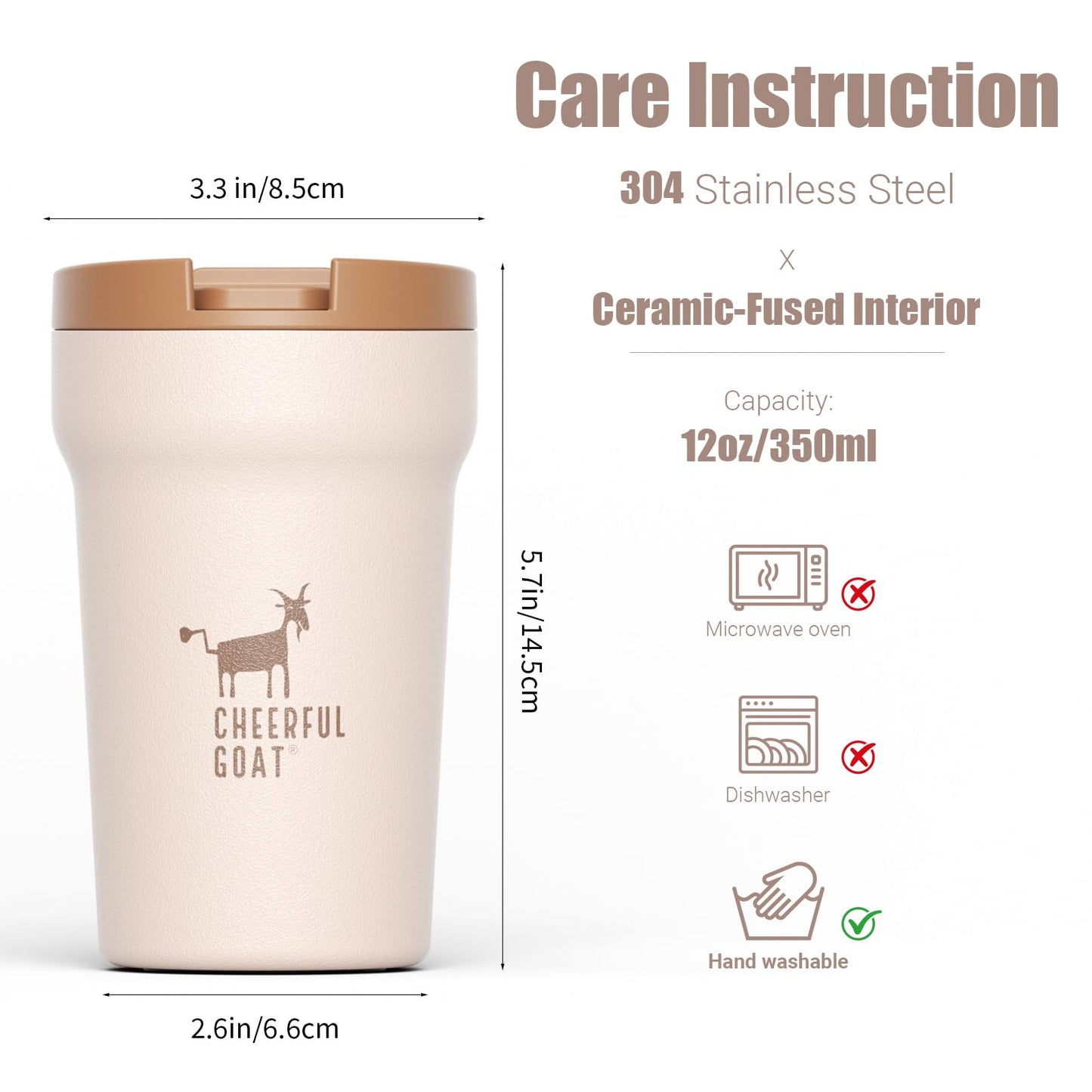 CHEERFUL GOAT Ceramic Lined Coffee Travel Mug – Stainless Steel Travel Coffee Tumbler with Ceramic Liner, with lid, 12oz Coffee Cup for Hot and Cold Water Coffee at Home, Office, or On the Go (Coffee)