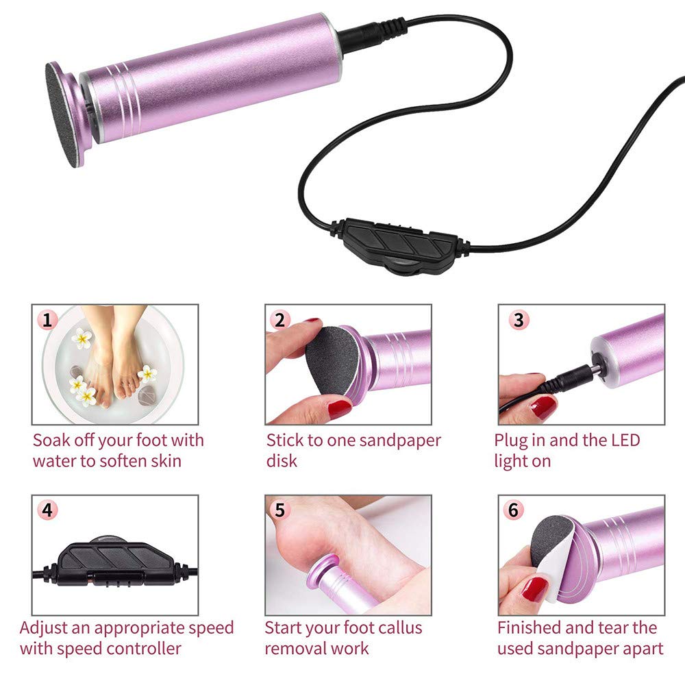 1200RPM Electric Speed Adjustable Foot File Callus Remover Machine,with 60pcs Replacement Sandpaper Disk,Dry Dead Cracked Skin Callous Foot Care Machine（pink）