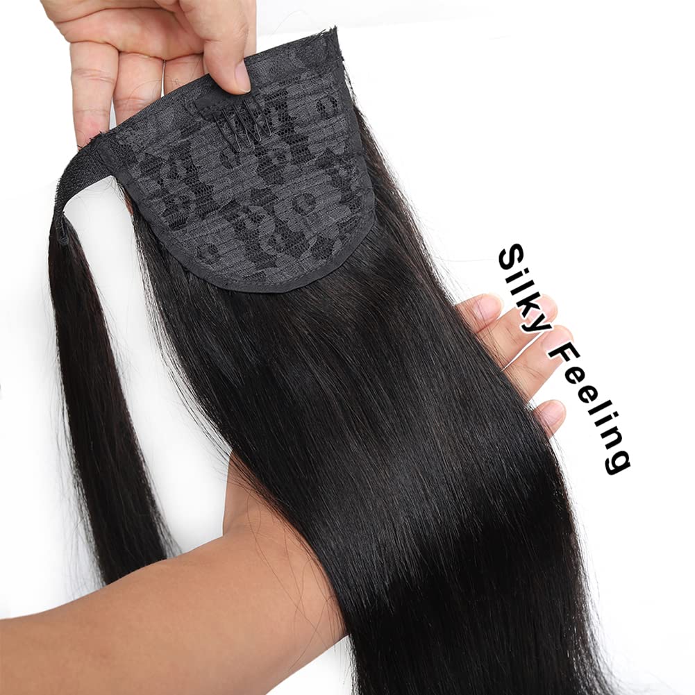 Alisfeel Wrap Around Ponytail Human Hair Extensions 10A Brazilian Straight Ponytail for Black Women Unprocessed Remy Human Hair Pony Tail with Magic Paste Clip In Extension Hairpiece 110g (22 Inch)