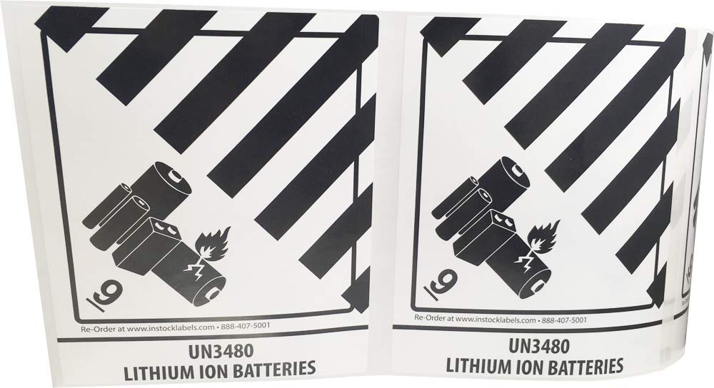 Hazard Class 9 D.O.T. UN3480 Lithium Ion Batteries Labels 4 x 4 3/4 Inch Square 500 Adhesive Stickers