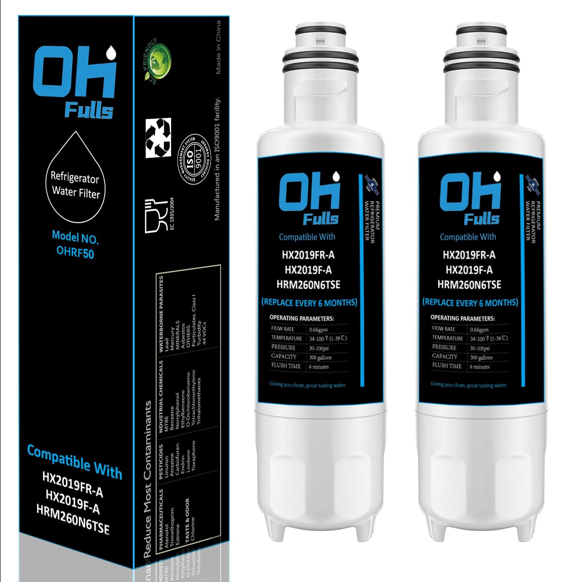 OHFULLS HX2019FR-A HX2019F-A Water Filter Replacement, Compatible with Hisense HRM260N6TSE HRFD560SW HRCD585BW HRFD634BW HRCD650BW HRCD586TBWB Mora MRM260N6TSE, 2-Pack