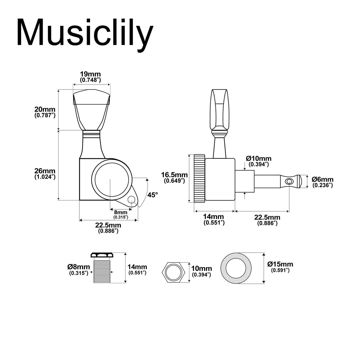 Musiclily Pro 3R3L 18:1 Ratio Full Sealed Locking Machine Heads Tuners Tuning Pegs Keys with Keystone Button 45 Degree Screw for LP SG Style Electric Guitar, Chrome