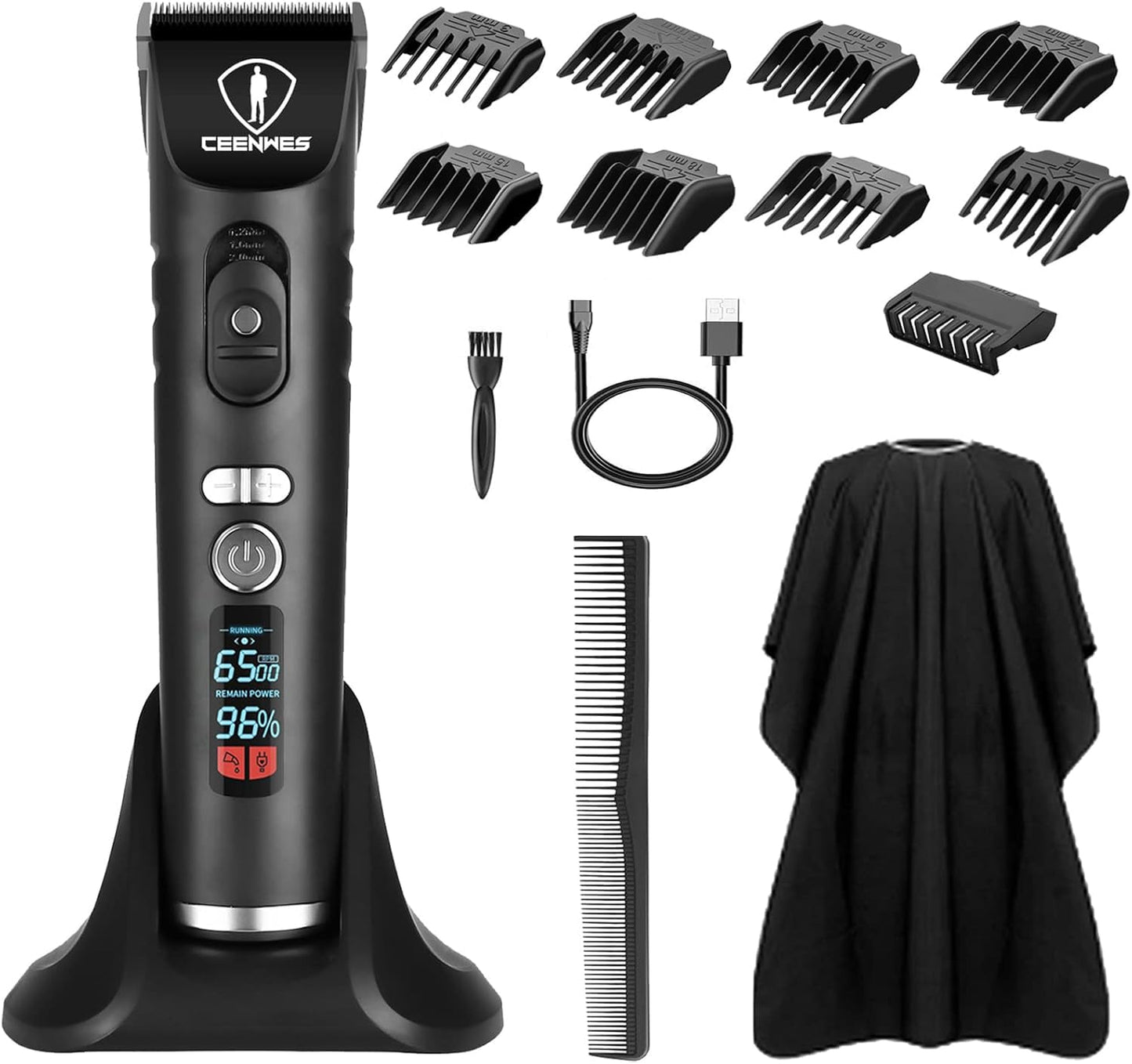 Ceenwes Hair Clippers Heavy Duty Clippers for Men Rechargeable Hair Trimmer Cordless Clippers Hair Cutting Kit with Charging Dock, 1 Hairdressing Cape 8 Guide Combs (Black)