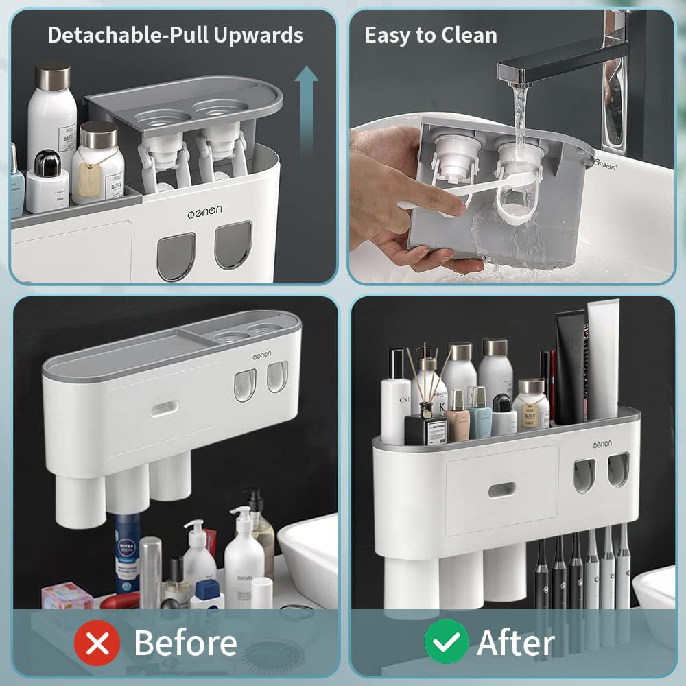 BHeadCat Toothbrush Holder Wall Mounted, Toothbrush Holder for Bathroom with 2 Automatic Toothpaste Dispensers,6 Toothbrush Slots,3 Magnetic Cups,1 Cosmetic Drawer Organizer and 1 Large Storage Tray