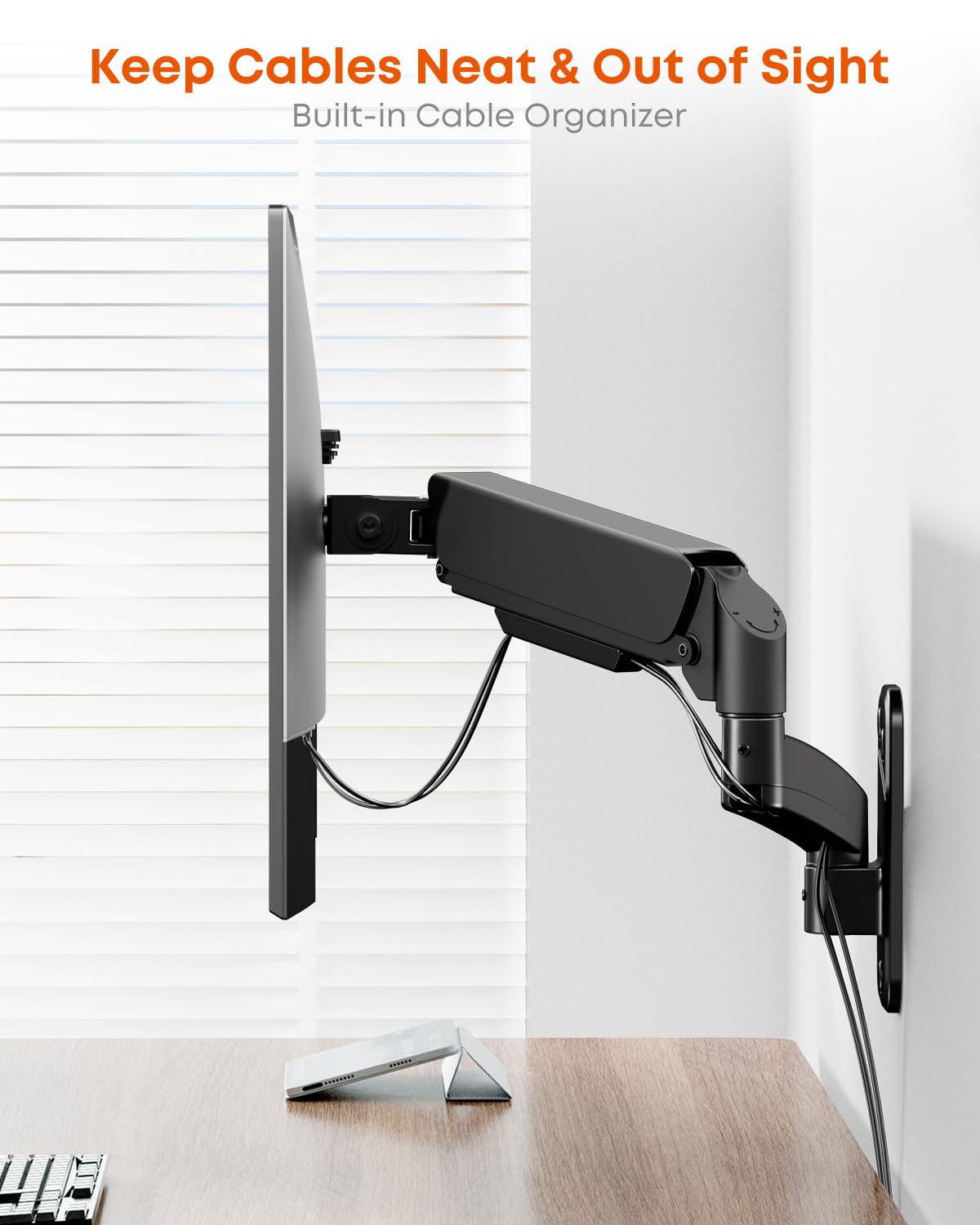 Single Monitor Wall Mount Bracket - Full Motion Gas Spring Arm for 13-32" Screens, Holds Up to 19.8 lbs (9 kg), Height Adjustable Wall Mount Monitor Arm, Tilt, Swivel, Rotation, VESA 75/100mm, Black