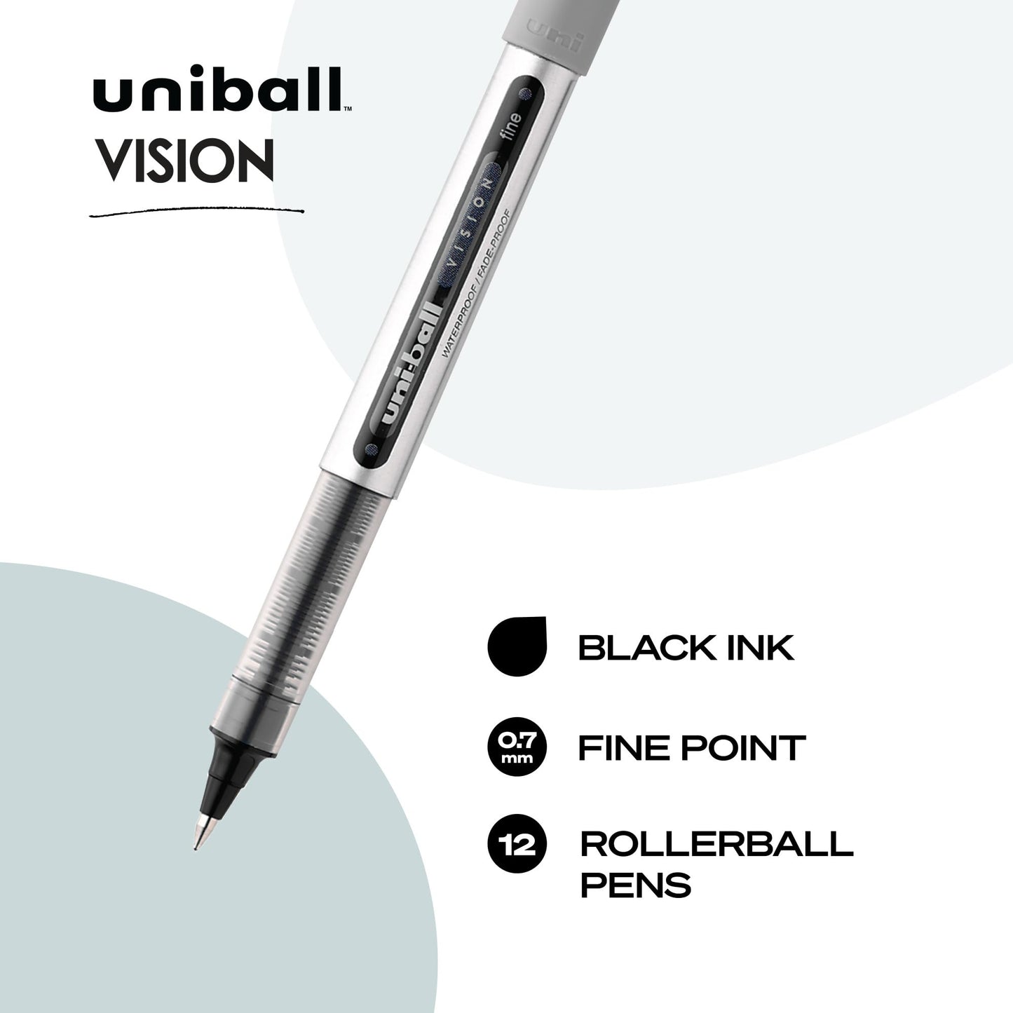 uni-ball VISION Rollerball, Stick Roller Ball Pen Fine-0.7mm, 12 Pack, Black Ink (60126)