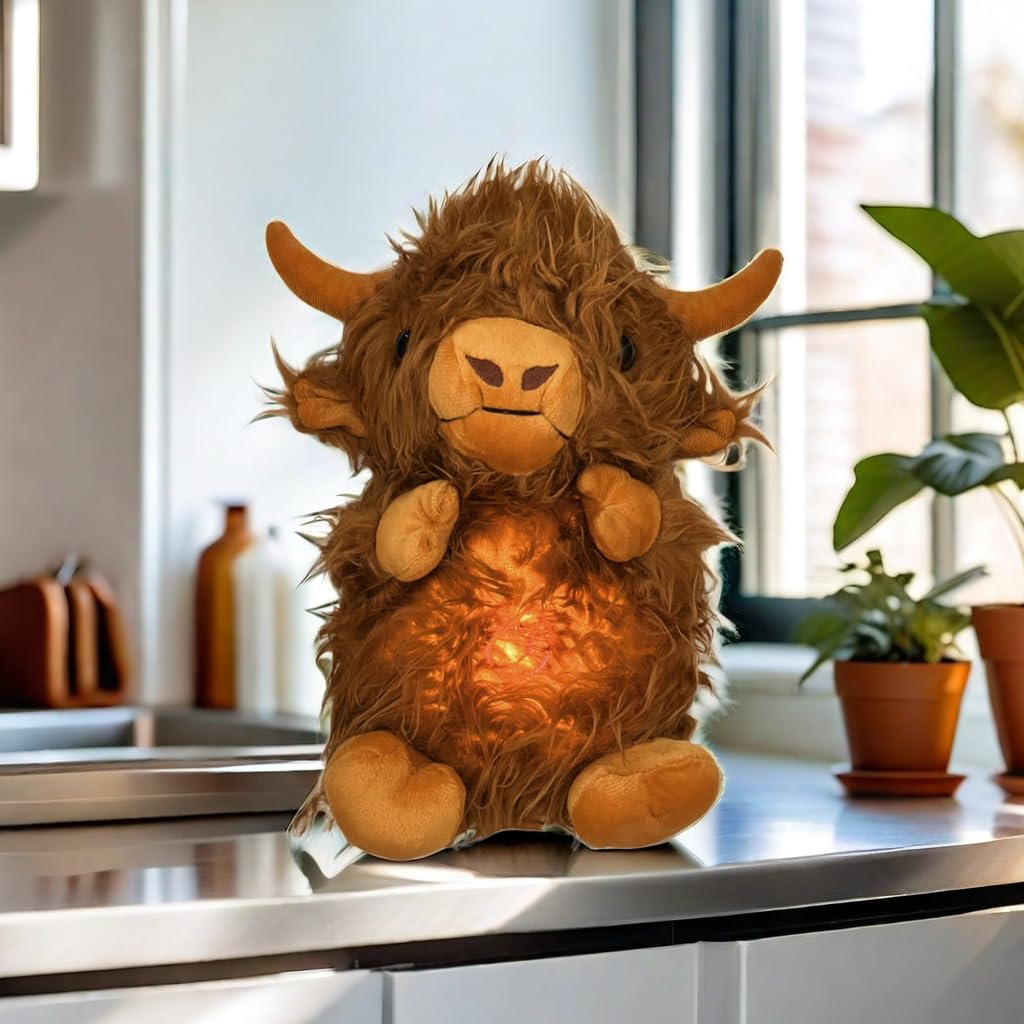 Soothing Snuggle Cute Highland Cow Stuffed Animal with Realistic Breathing Action and Lighted Music, Sleeping Cow Plush Toy (13.5-inch)