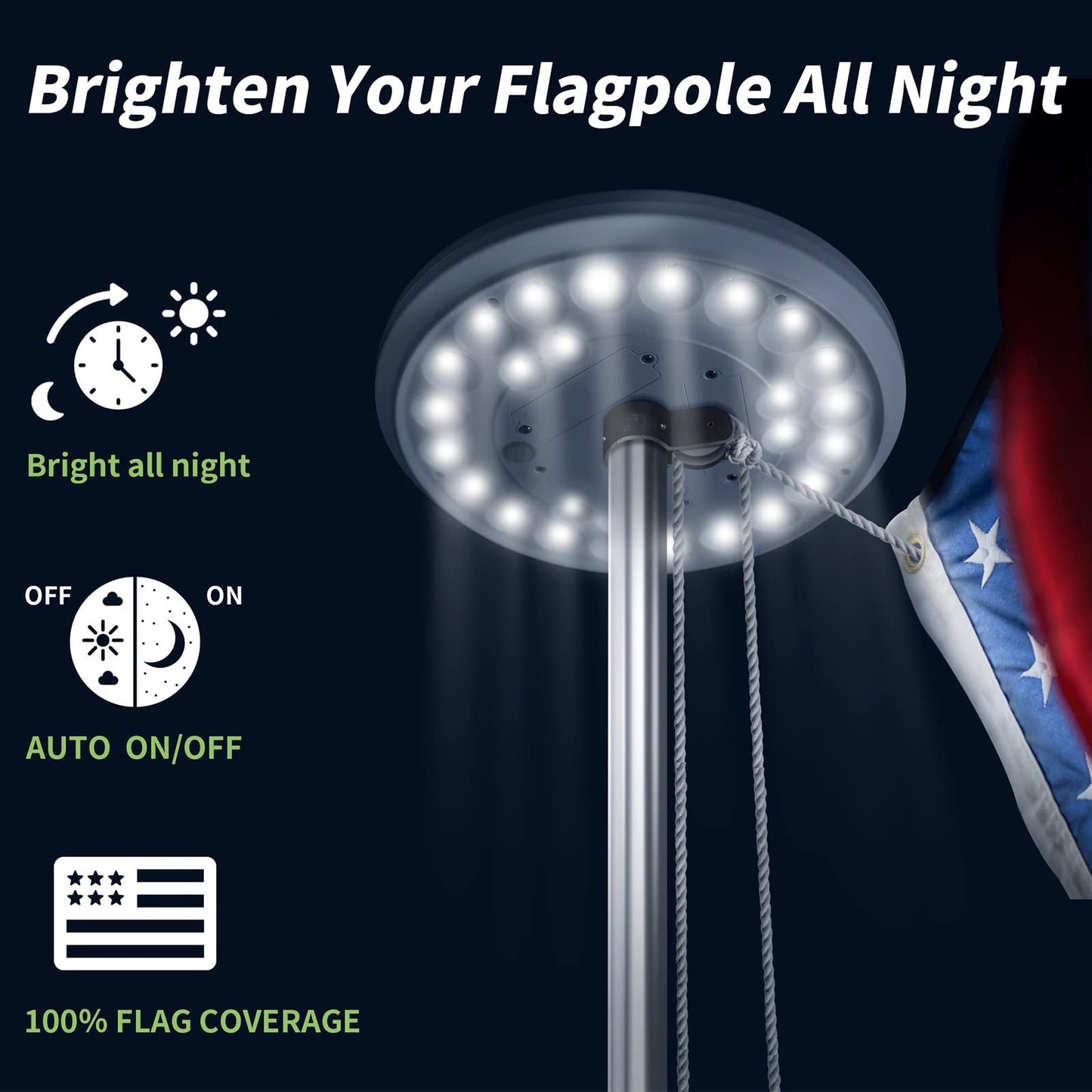 Hoople Flag Pole Light Solar Powered - Waterproof, Solar Flag Pole Light for 15 to 25 Ft In-Ground Flag Pole, Super Bright Flag Pole Solar Light from Dusk to Dawn for 12+ Hours, Auto On/Off (26 LED)